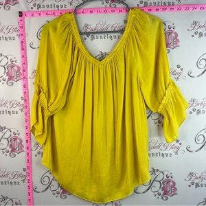 Naked Zebra shirt flowy flare Bright Yellow Gathered V-Neck Peasant Blouse